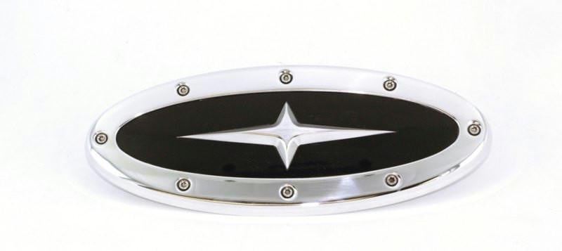 All Sales Grille Emblem Oval Race Style Polished With Black And Cross Insert 5 1-2 Length