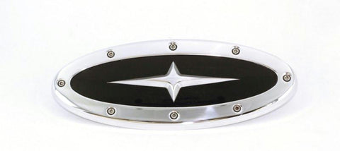 All Sales Grille Emblem Oval Race Style Polished With Black And Cross Insert 9 Length