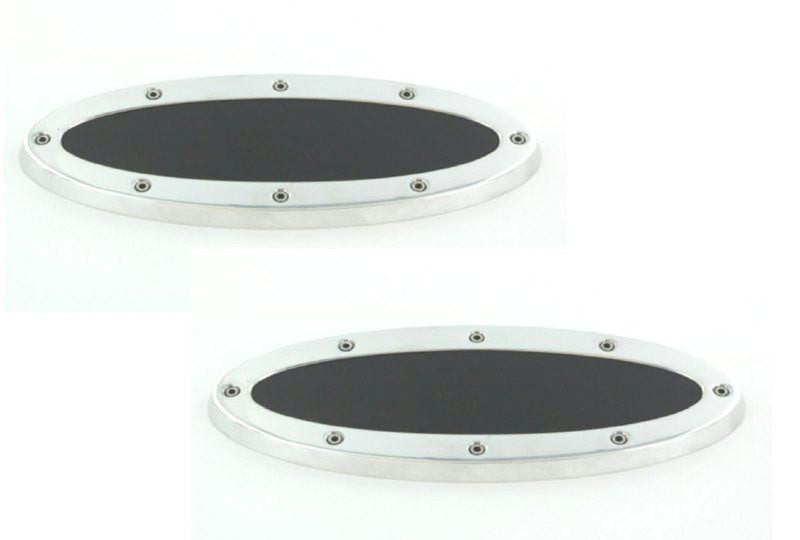 All Sales Grille - Tailgate Emblem Oval Race Style Polished With Black Insert 5 1-2 Front 5 1-2 Rear Length