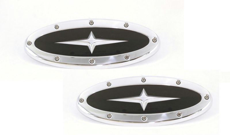 All Sales Grille - Tailgate Emblem Oval Race Style Polished With Black And Cross Insert 5 1-2 Front 5 1-2 Rear