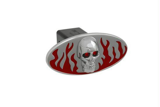 Flames w- Chromed Skull - Red - Oval - 2 Inch Billet Hitch Cover