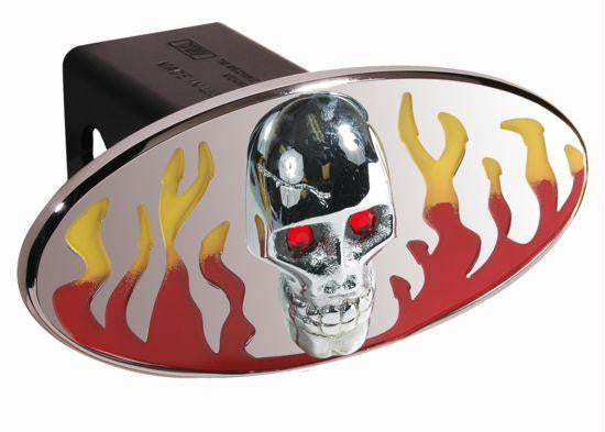 Flames w- Chromed Skull - Red & Yellow - Oval - 2 Inch Billet Hitch Cover