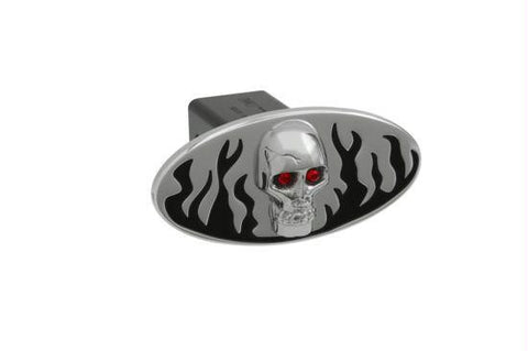 Flames w- Chromed Skull - Black - Oval - 2 Inch Billet Hitch Cover