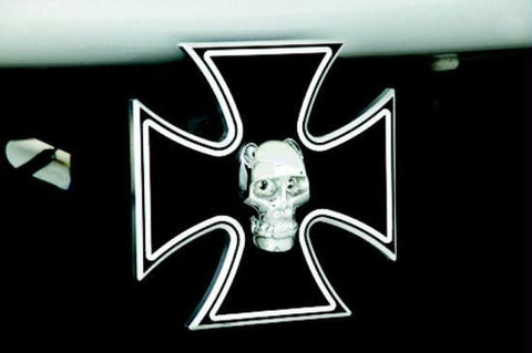 Iron Cross - Black w- Chromed Skull - LED Lights - 2 Inch Billet Hitch Cover