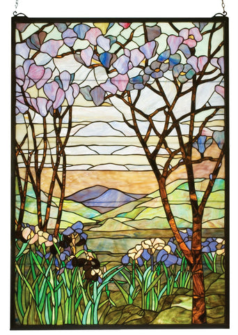 29 Inch W X 40 Inch H Tiffany Magnolia & Iris Stained Glass Window