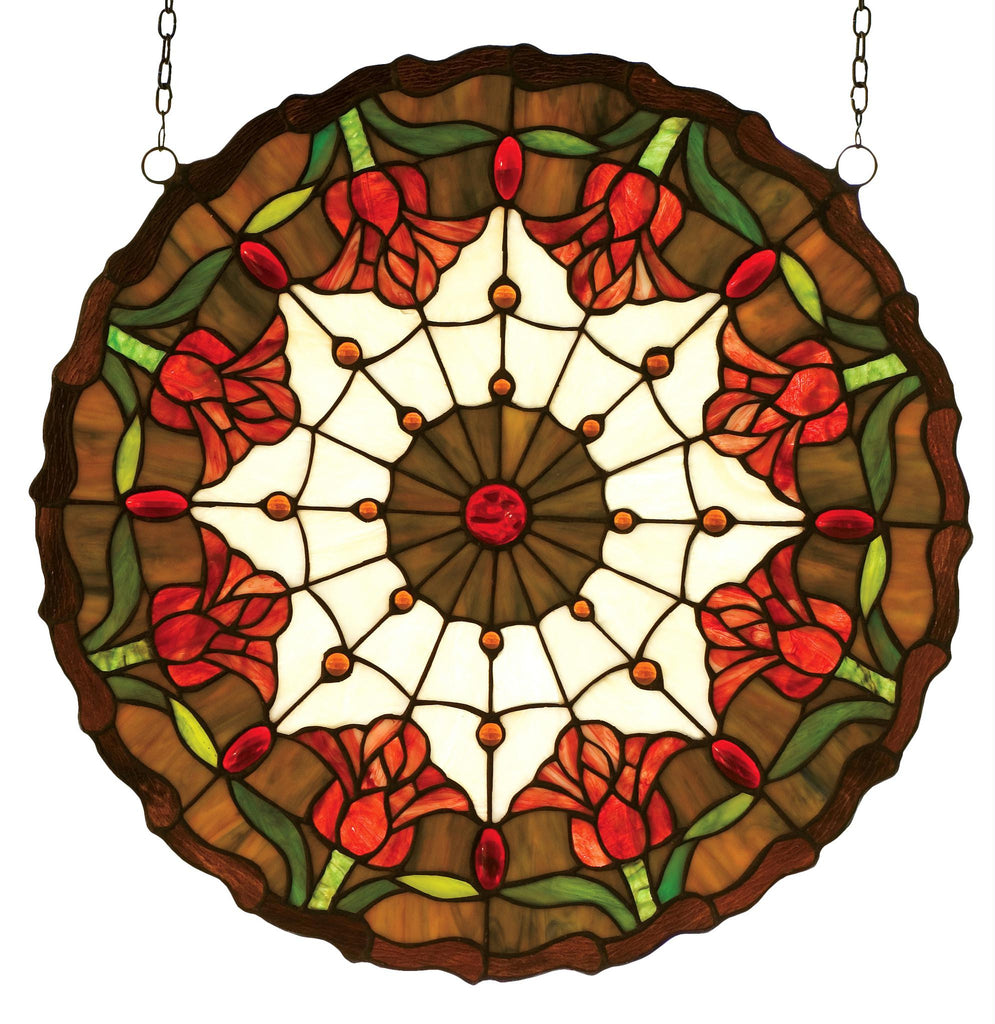 18 Inch W X 18 Inch H Colonial Tulip Medallion Stained Glass Window