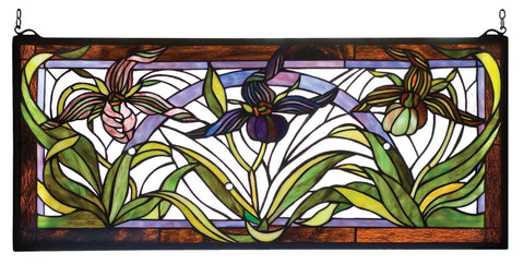 30 Inch W X 13 Inch H Lady Slippers Stained Glass Window