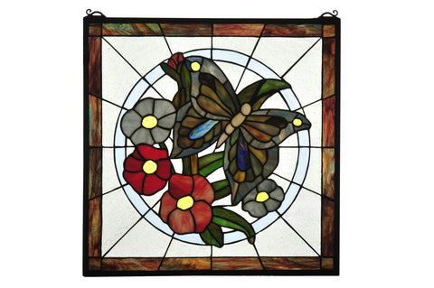 20 Inch W X 20 Inch H Butterfly Floral Stained Glass Window