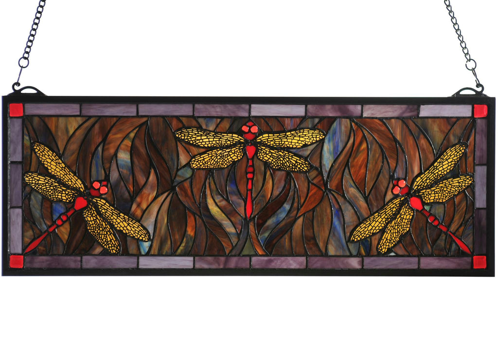 28 Inch W X 10 Inch H Tiffany Dragonfly Trio Stained Glass Window