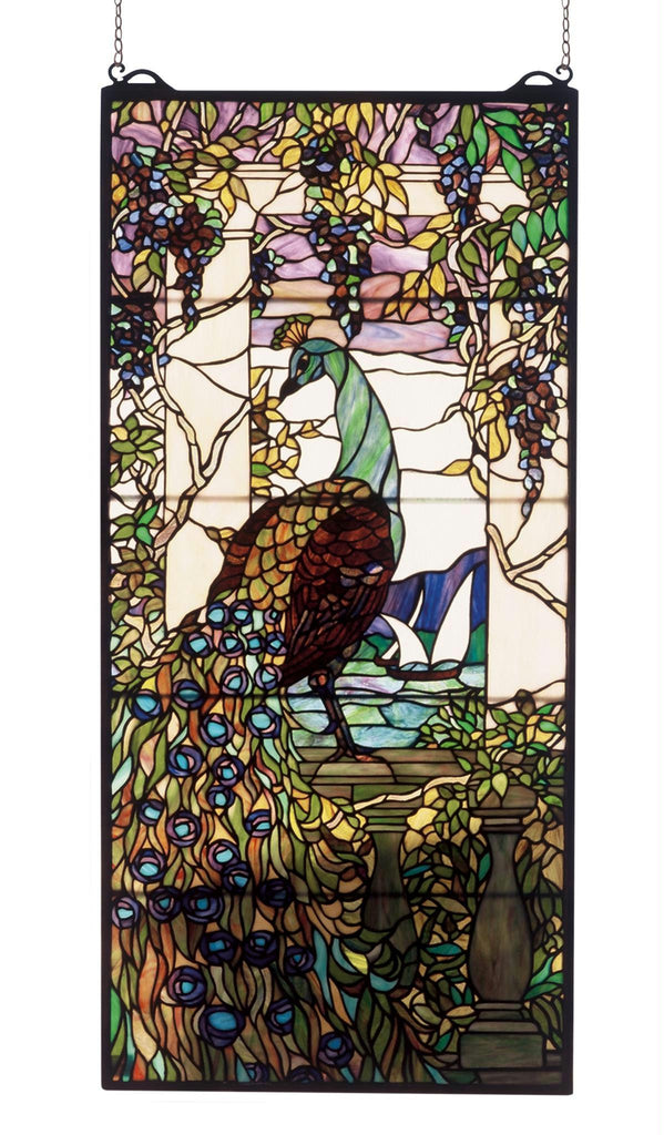 19 Inch W X 40 Inch H Tiffany Peacock Wisteria Stained Glass Window