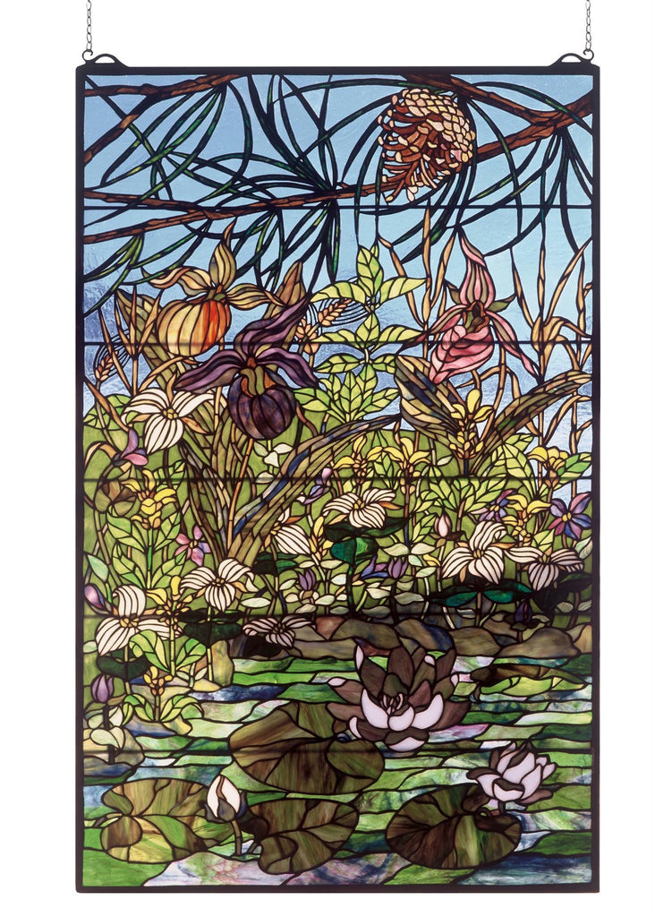 30 Inch W X 48 Inch H Woodland Lilypond Stained Glass Window