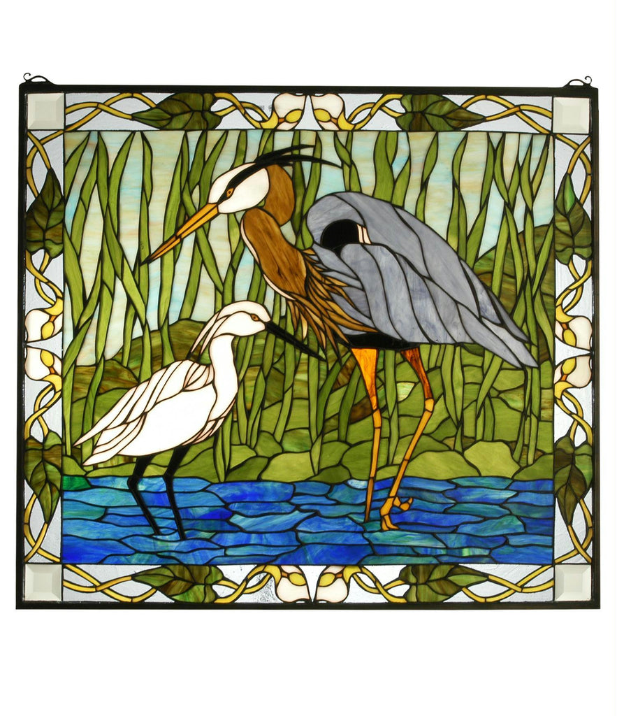 30 Inch W X 27 Inch H Blue Heron & Snowy Egret Stained Glass Window