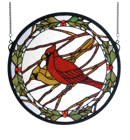 15 Inch W X 15 Inch H Cardinals & Holly Medallion Stained Glass Window