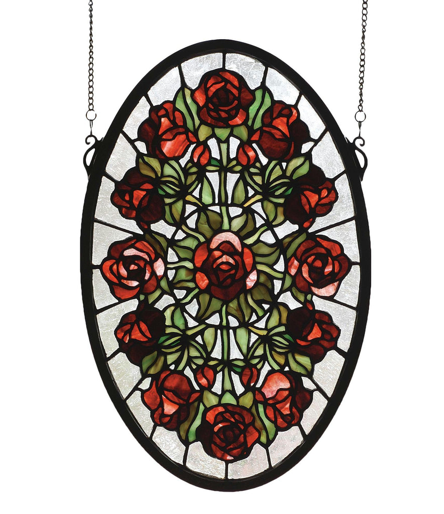 11 Inch W X 17 Inch H Oval Rose Garden Stained Glass Window