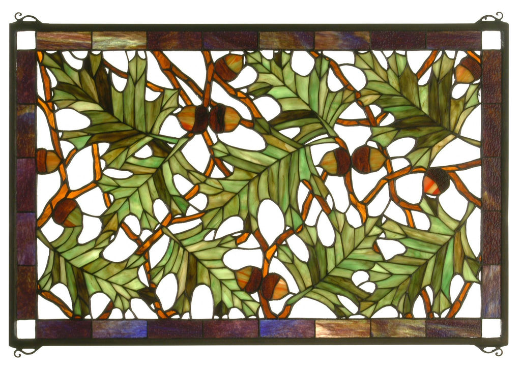 28 Inch W X 18 Inch H Acorn & Oak Leaf Stained Glass Window