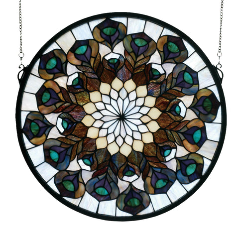 17 Inch W X 17 Inch H Tiffany Peacock Feather Medallion Stained Glass Window