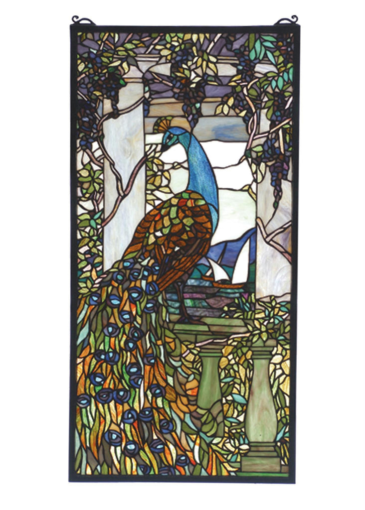 15 Inch W X 30 Inch H Tiffany Peacock Wisteria Stained Glass Window