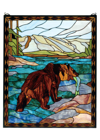 25 Inch W X 30 Inch H Grizzly Bear Stained Glass Window