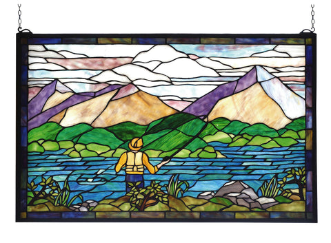 30 Inch W X 19 Inch H Fly Fishing Stained Glass Window