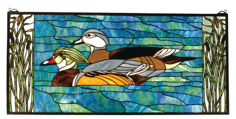 35 Inch W X 16 Inch H Wood Ducks Stained Glass Window