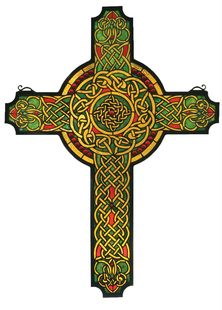 25 Inch W X 34 Inch H Jeweled Celtic Cross Stained Glass Window