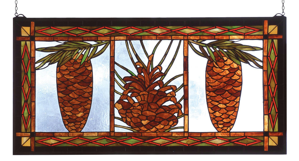 36 Inch W X 18 Inch H Northwoods Pinecone Stained Glass Window