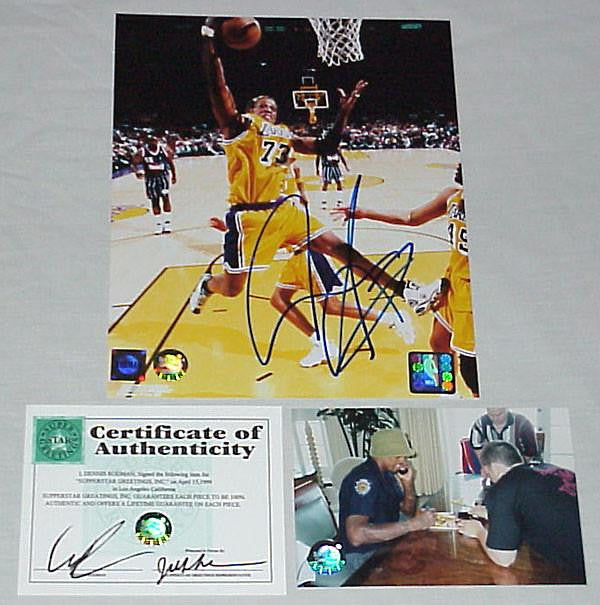 Dennis Rodman Signed 8 X 10 Photo Action Lakers-- (Rebounding Vs. Rockets)