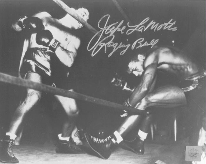 Jake Lamotta Signed 16X20 Photo - (Knocking Sugar Ray Robinson Through Ropes February 1943)