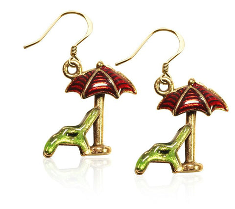 Beach Chair w-Umbrella Charm Earrings in Gold