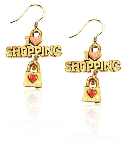 I Love Shopping Charm Earrings in Gold