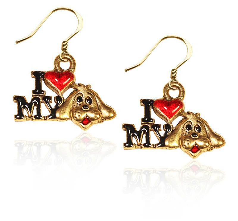 I Love My Dog Charm Earrings in Gold